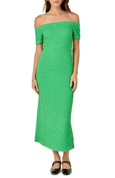 English Factory Textured Off The Shoulder Midi Dress In Green