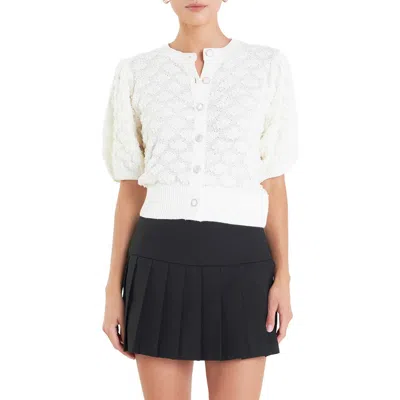 English Factory Textured Puff Sleeve Cardigan In Ivory