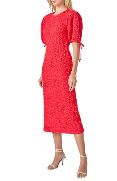 English Factory Textured Puff Sleeve Midi Dress In Red