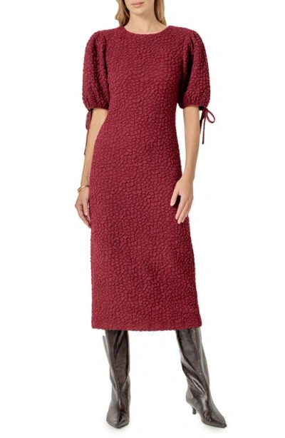English Factory Textured Puff Sleeve Midi Dress In Burgundy