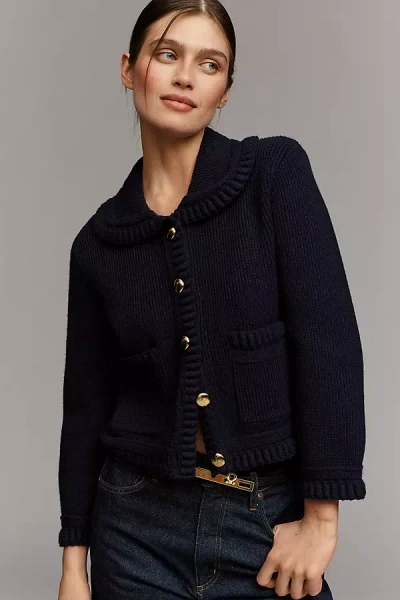 English Factory Three-quarter Sleeve Collared Braided-detail Cardigan Sweater In Blue
