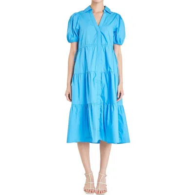 English Factory Tiered Puff Sleeve Poplin Midi Dress In Ocean Blue
