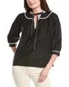 English Factory Embroidered Tie Neck Top In Black