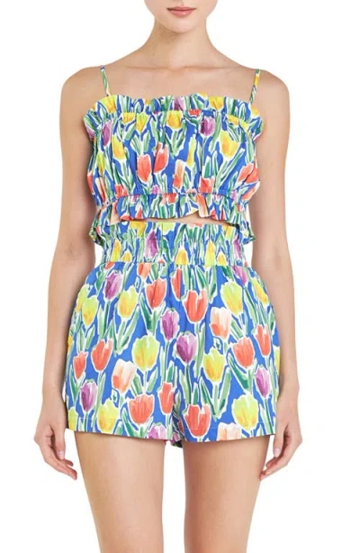 English Factory Tulip Print Ruffle Cotton Crop Top In Blue Multi
