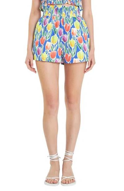 English Factory Tulip Print Ruffle Cotton Shorts In Blue Multi