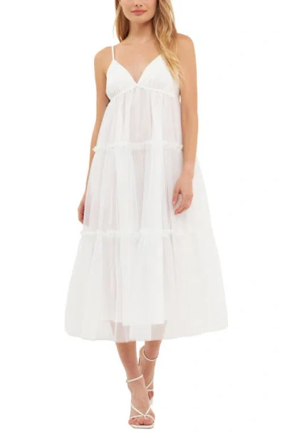English Factory Tulle Contrast Sleeveless Midi Dress In White