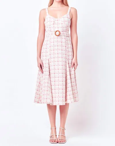 ENGLISH FACTORY TWEED BUSTIER MIDI DRESS IN PINK MULTI