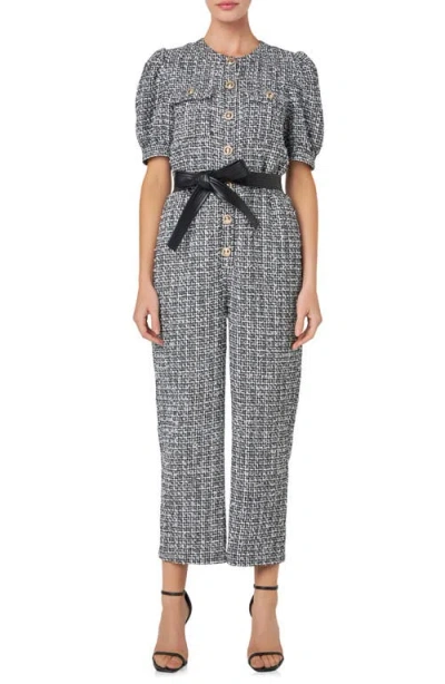 English Factory Tweed Puff Sleeve Ankle Jumpsuit In Black/white