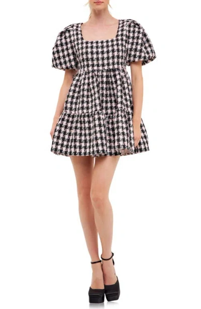 English Factory Tweed Puff Sleeve Minidress In Black/pink