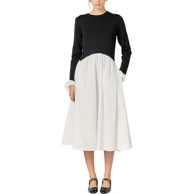 English Factory Twofer Long Sleeve Mixed Media Midi Dress In Multi