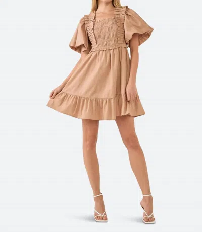 English Factory Tyler Puff Sleeves Mini Dress In Tan In Brown