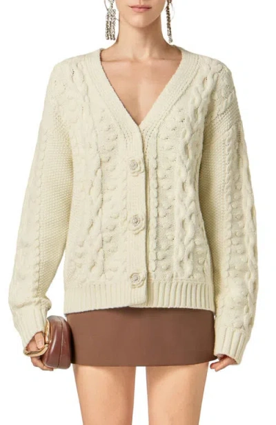 English Factory V-neck Cable Cardigan With Floral Buttons In White