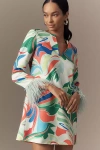 ENGLISH FACTORY V-NECK FEATHER-CUFF MINI SHIFT DRESS