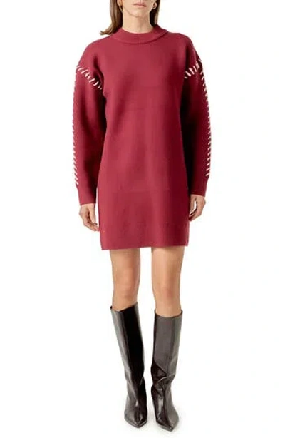 English Factory Whipstitch Long Sleeve Sweater Minidress In Burgundy