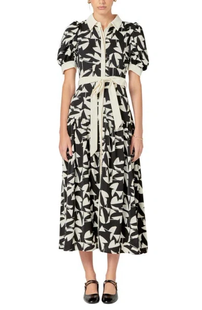 English Factory White & Black Print Belted Shirtdress In Ivory/black