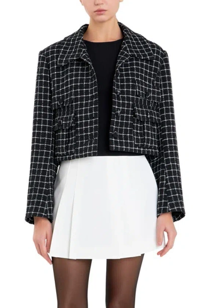 English Factory Windowpane Check Tweed Crop Blazer In Black