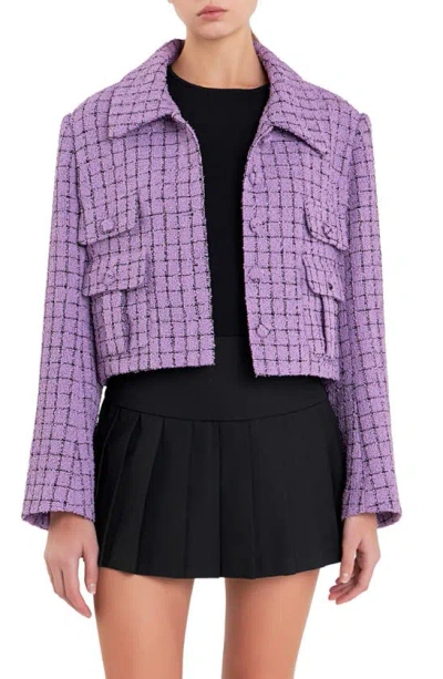 English Factory Windowpane Check Tweed Crop Blazer In Purple