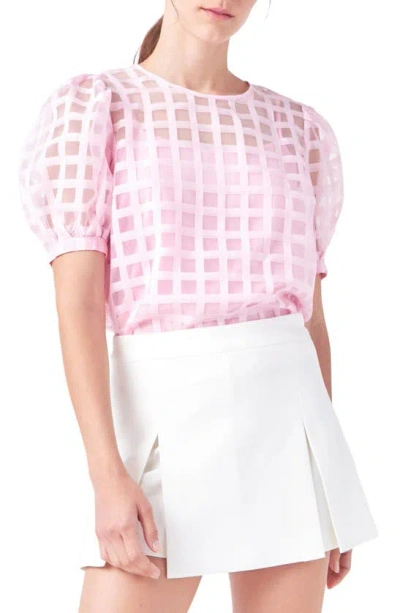 English Factory Women's Plaid Sheer Puff Sleeve Top In Pink