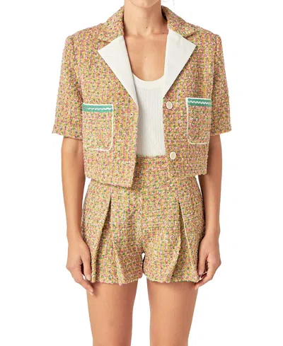 English Factory Women's Boucle Cropped Jacket With Trim In Multicolor