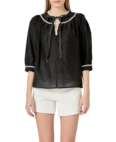 ENGLISH FACTORY WOMEN'S EMBROIDERY BOW DETAILED TOP