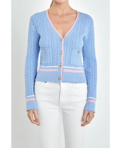 English Factory Stripe Trim Cable Knit Cardigan In Powder Blue