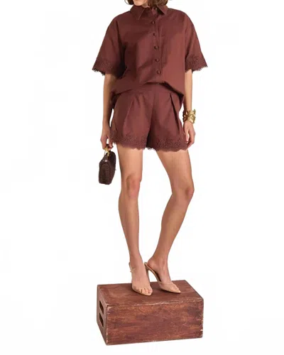 English Factory Women's Midnight Lace Linen Shirt And Shorts Set In Chocolate Brown