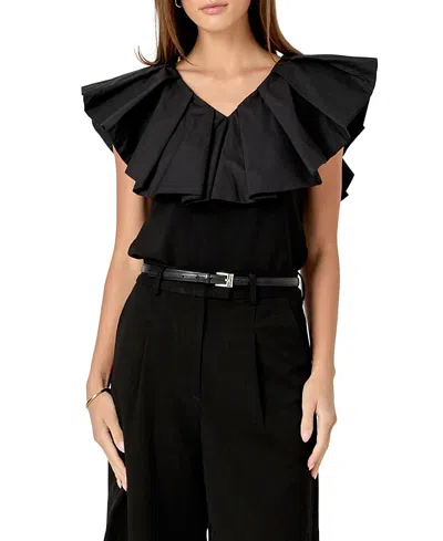 ENGLISH FACTORY WOMEN'S MIX MEDIA RUFFLED SLEEVELESS TOP