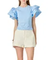 English Factory Mix Media Ruffle Sleeve Cotton Rib Top In Powder Blue