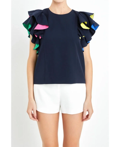 English Factory Multicolor Lined Ruffle Sleeve Top In Blue