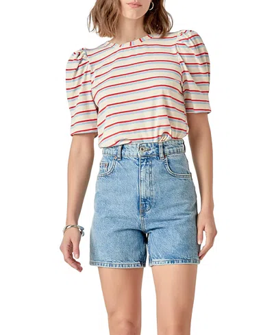 English Factory Women's Stripe Knit Puff Sleeve Top In Neutral