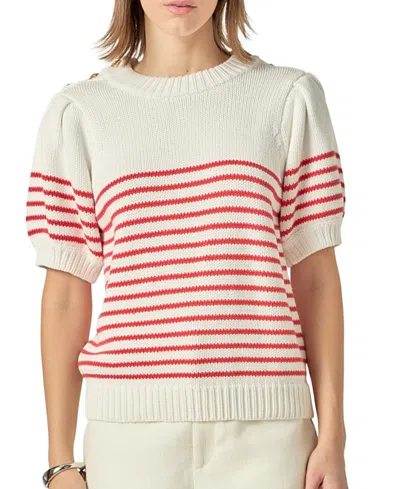 English Factory Women's Striped Short Puff Sleeve Sweater With Buttons