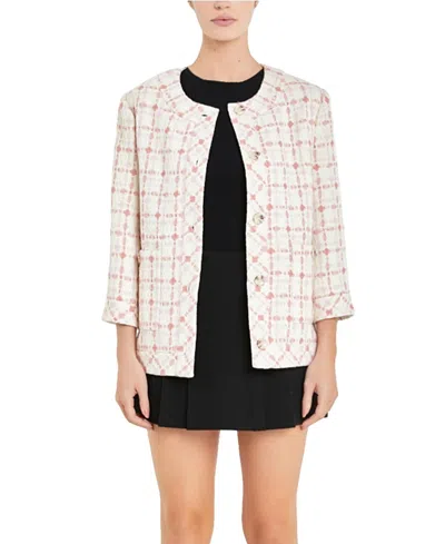 English Factory Boxy Tweed Jacket In Ivory/pink Multi