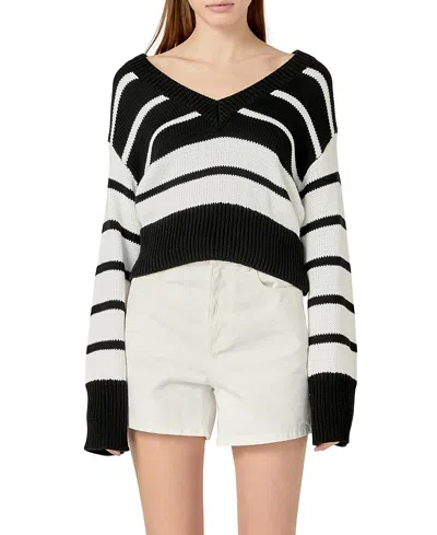 English Factory Women's V-neck Striped Sweater In White