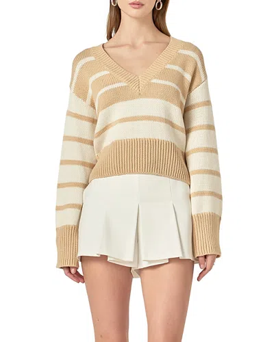 English Factory Women's V-neck Striped Sweater In Tan And Ivory