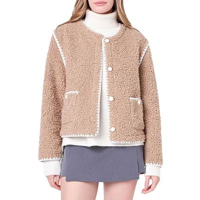 ENGLISH FACTORY WOMENS CONTRAST TRIM FAUX SHEARLING FAUX FUR COAT