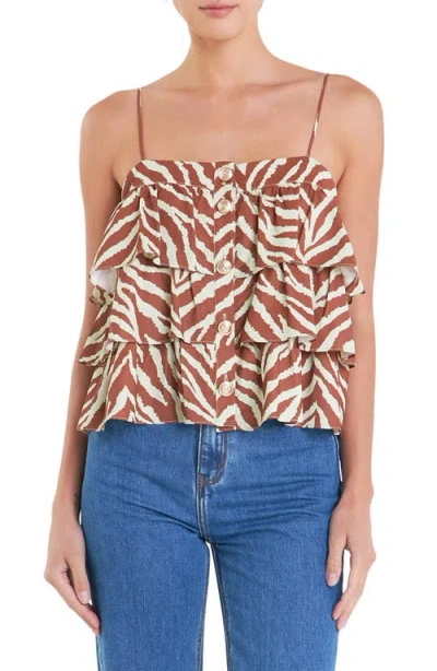English Factory Zebra Print Tiered Button-up Camisole In Brown Multi
