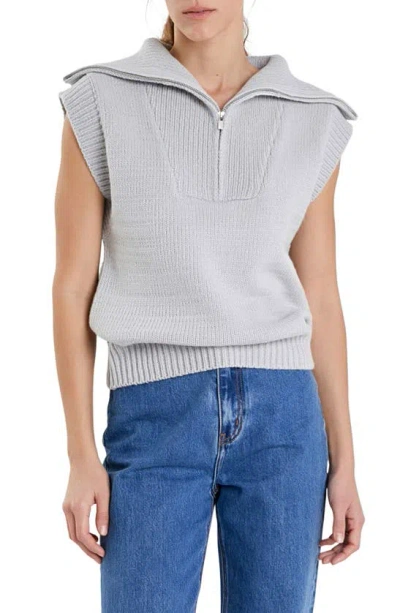 English Factory Zip Mock Neck Cap Sleeve Sweater In Grey