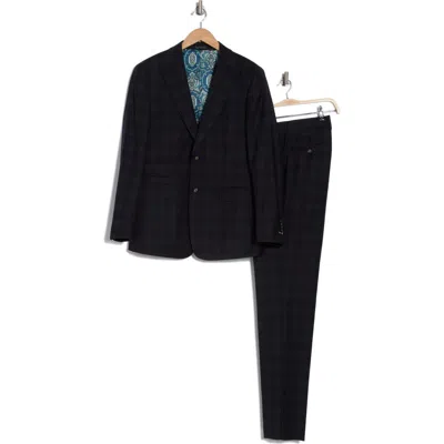 English Laundry Plaid Black Wool Blend Suit In Black/olive