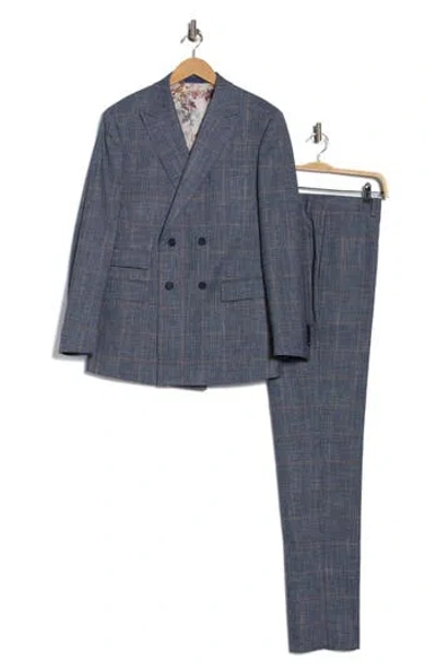 English Laundry Trim Fit Plaid Double Breasted Flat Front Suit In Blue