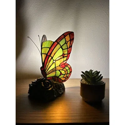 Enjoy Tiffany Butterfly Mini Night Light Table Lamp Stained Glass Shade Green Red 10"h In Multicolor