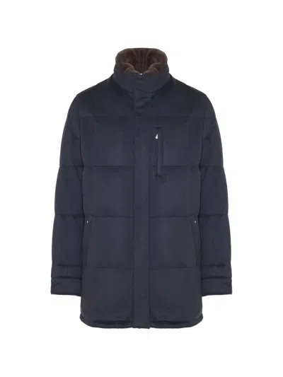 Enrico Mandelli Padded Shearling-trim Coat In Blue