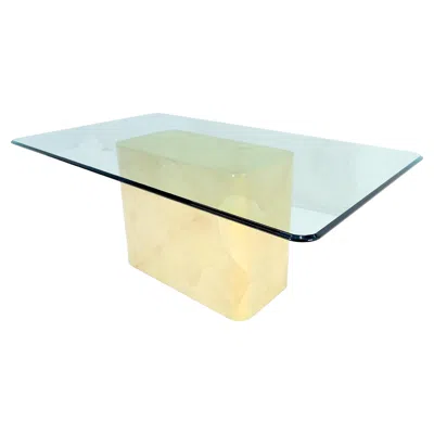 Pre-owned Enrique Garcel Parchment Goat Skin Leather Single Base 3/4" Glass Top Rectangle Dining Table In Sand