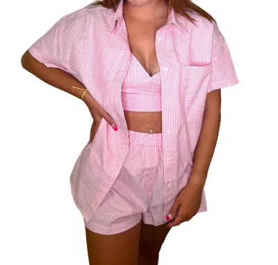 Ensemble Belle Oxford Pinstriped Shortsleeve Top In Pink
