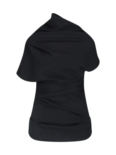 Entire Studios Asymmetrical Neckline Draped Short Sleeve Shirt In Blue