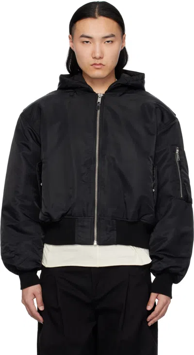 Entire Studios Black Hooded Broad Bomber Jacket In Oil