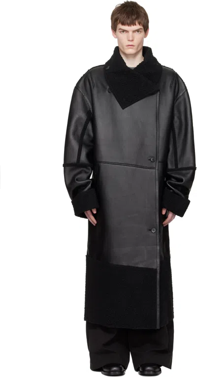 ENTIRE STUDIOS BLACK LONG LEATHER & FAUX-SHEARLING COAT