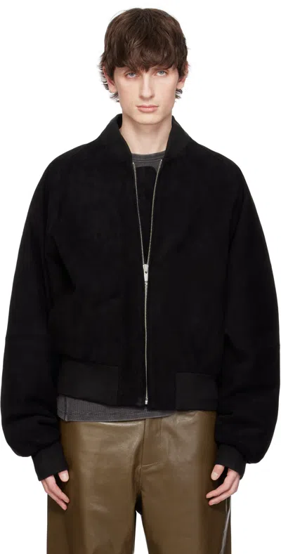 Entire Studios Black Raglan Bomber Leather Jacket In Blacksuede