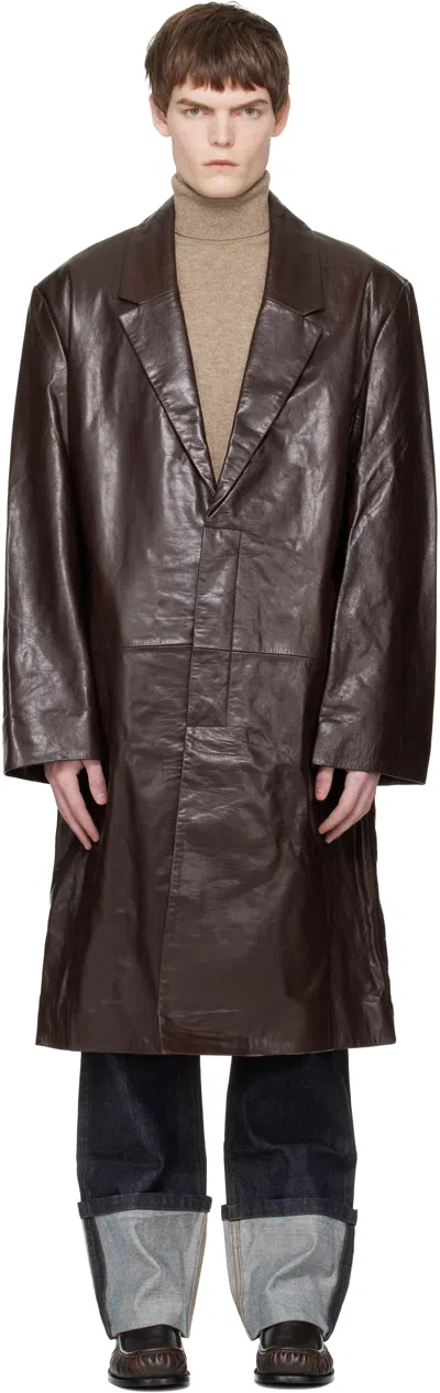 Entire Studios Brown Single Breasted Leather Coat
