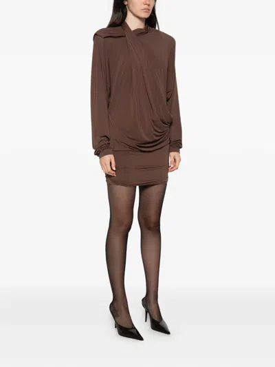Entire Studios Dalters Draped Long-sleeve Mini Dress In Brown