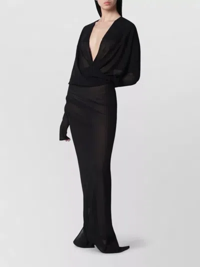 Entire Studios Deep V Neck Draped Sheer Long Dress In Black
